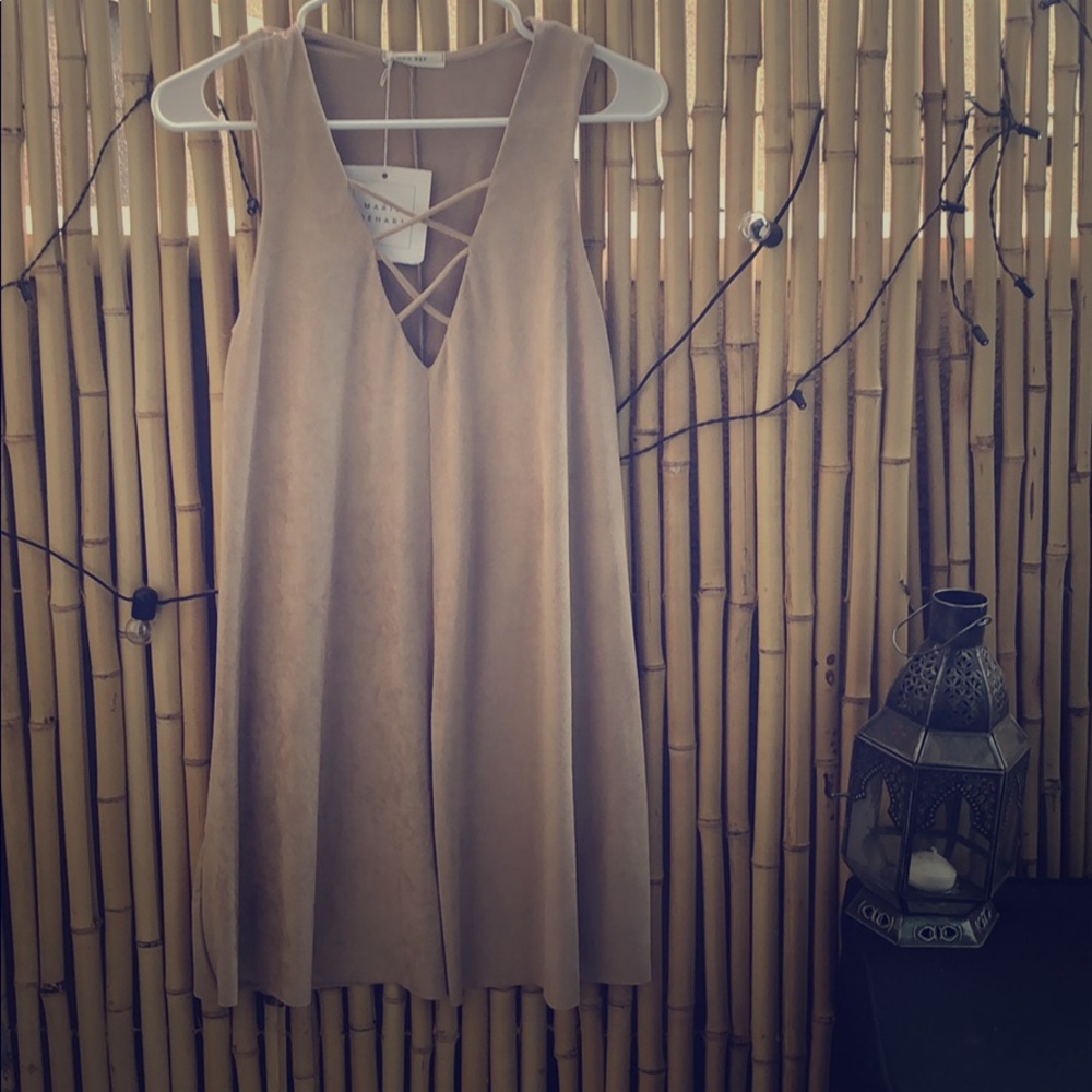 Boho Cross V-Neck, Camel Suede Dress